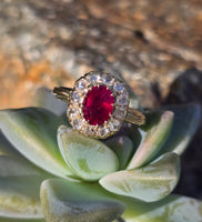 18ct gold Edwardian ruby and rose cut diamond halo ring