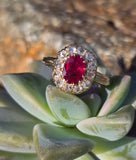 18ct gold Edwardian ruby and rose cut diamond halo ring