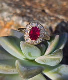 18ct gold Edwardian ruby and rose cut diamond halo ring