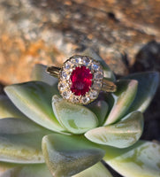 18ct gold Edwardian ruby and rose cut diamond halo ring