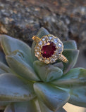 18ct gold Edwardian ruby and rose cut diamond halo ring