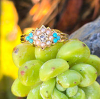 15ct gold Victorian turquoise, diamond and pearl estate ring