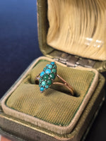 9ct gold + silver top Victorian turquoise navette antique estate ring