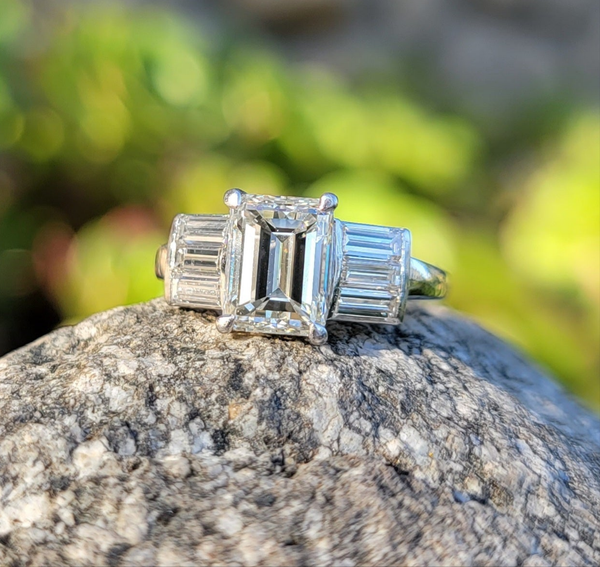 Platinum 2.26ct emerald cut diamond estate engagement ring