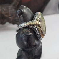 14k tri colored gold c.20s filigree Deco Moss Agate ring