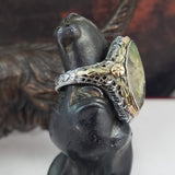 14k tri colored gold c.20s filigree Deco Moss Agate ring