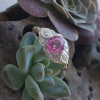 platinum & 14k gold two tone pink sapphire & diamond estate Deco Ring