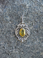 Platinum & 18k gold Edwardian yellow sapphire & diamond flilgree pendant necklace