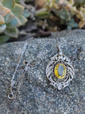 Platinum & 18k gold Edwardian yellow sapphire & diamond flilgree pendant necklace