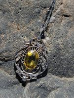 Platinum & 18k gold Edwardian yellow sapphire & diamond flilgree pendant necklace