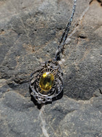 Platinum & 18k gold Edwardian yellow sapphire & diamond flilgree pendant necklace